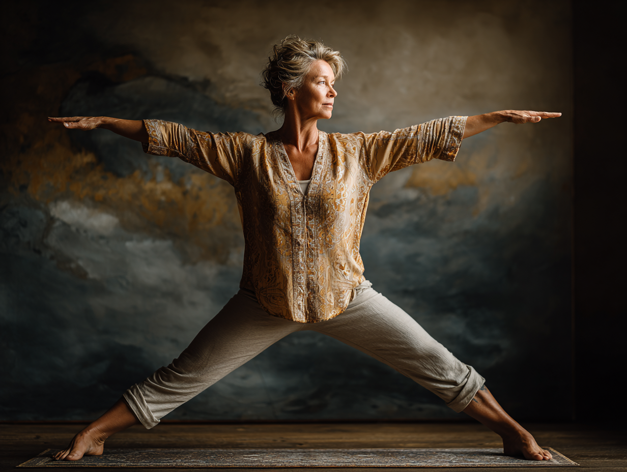 Група людей зрілого віку займається йогою в затишній студії