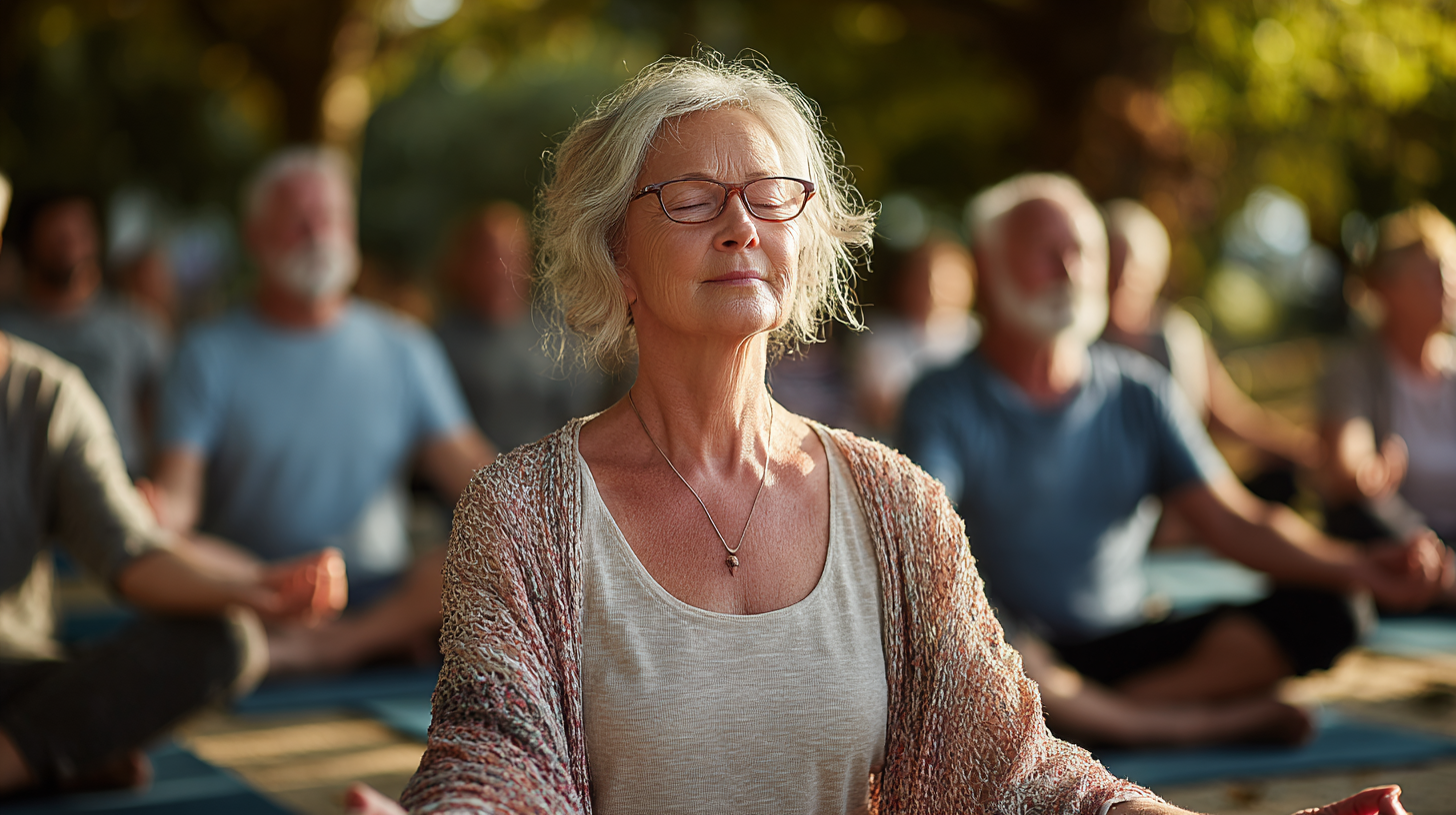 Інструктор йоги демонструє вправу для учнів зрілого віку
